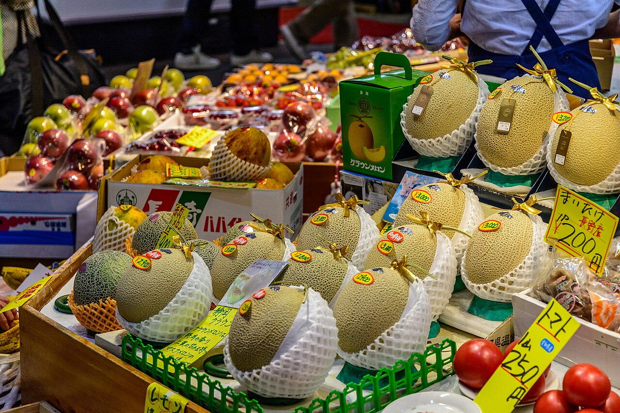 Melons and other fruit displayed at Omicho Market in Kanazawa