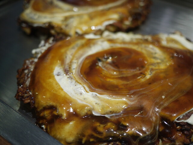 Okonomiyaki topped with sauce and mayonnaise at Akatsuki