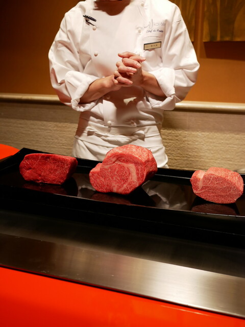Beef cuts presented by the chef at Roppongi Ukai-tei