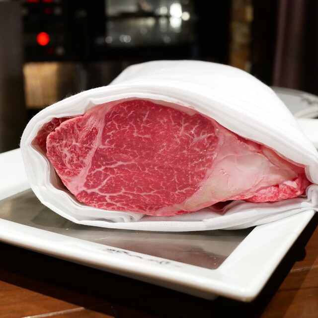 Marbled beef steak before cooking at Kitashinchi Fukutatei The Ukai